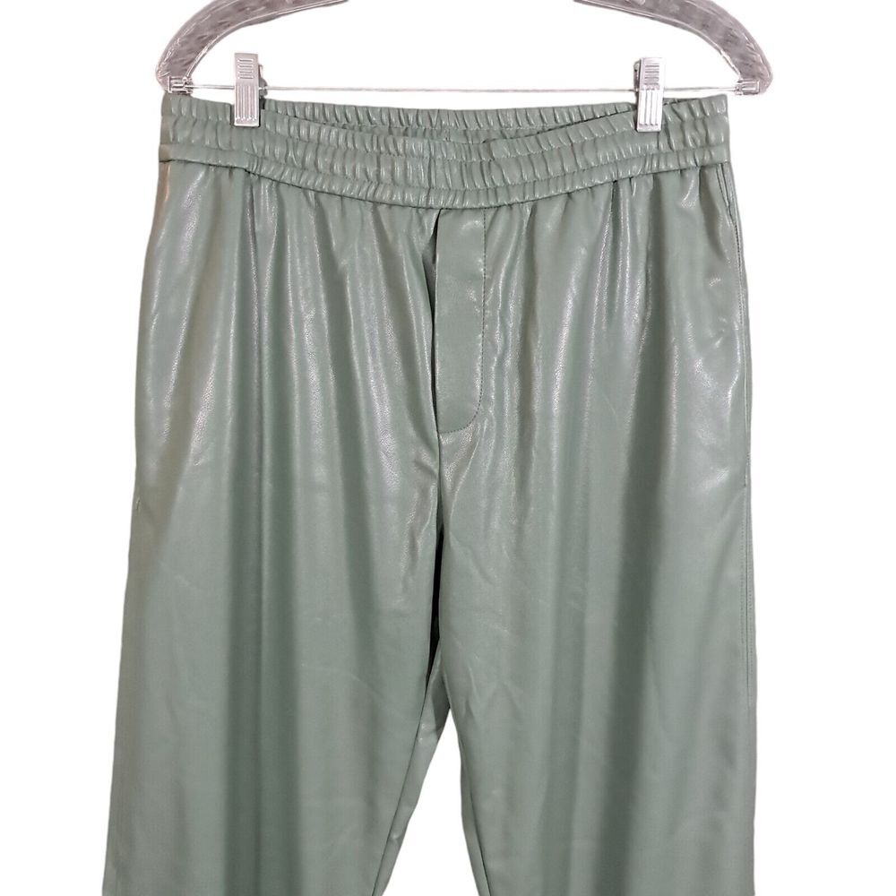 Zara Pants Women Medium Green Wide Leg Faux Leather Raw Hem Elastic Waist Office - Picture 3 of 12